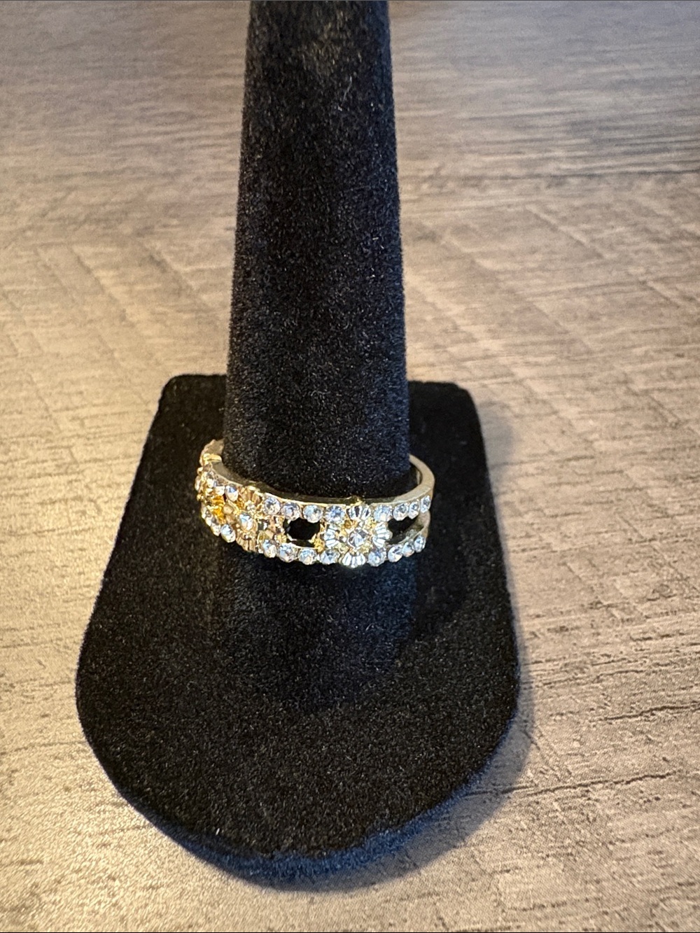 Gold Tone Rhinestone Flower Statement Ring